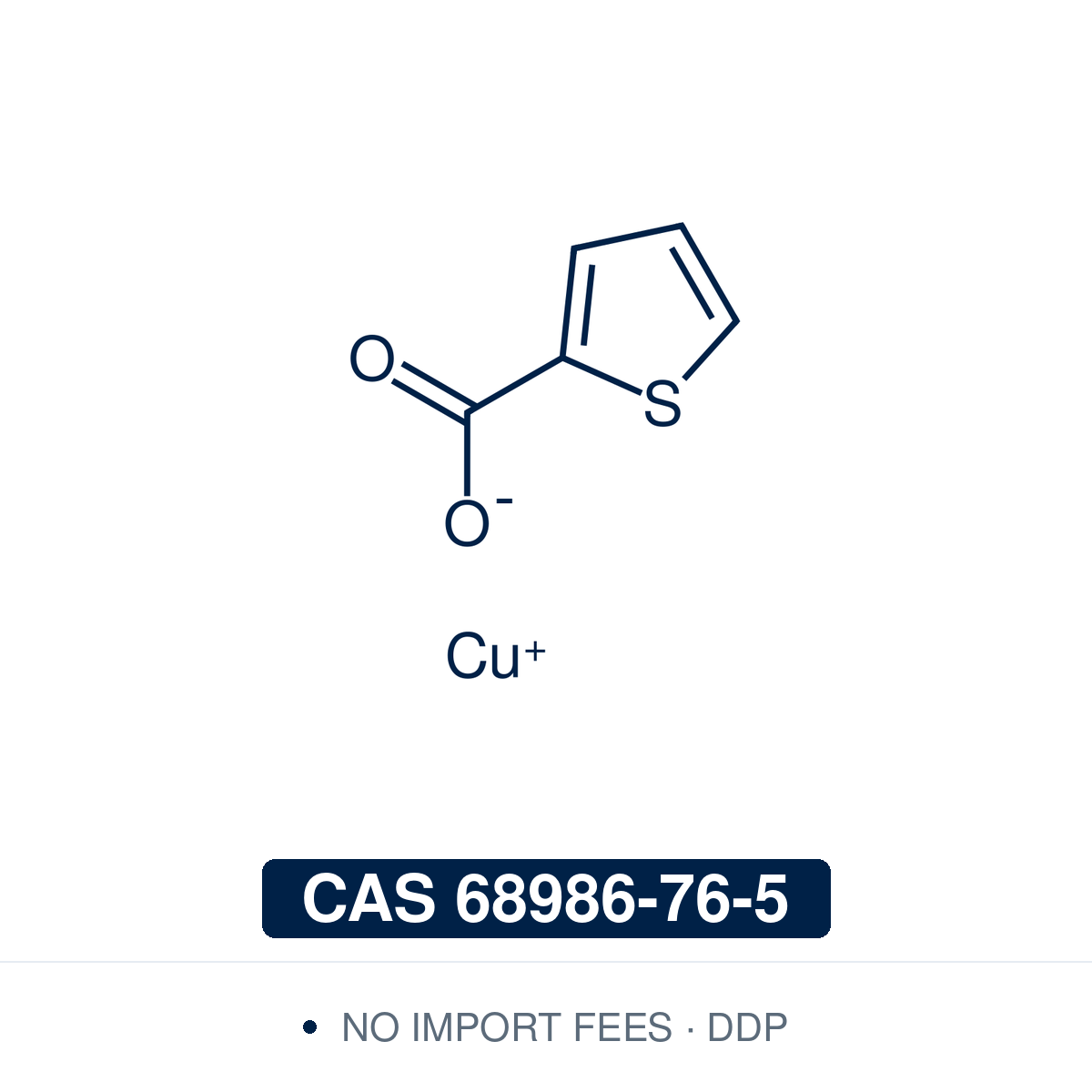 Chemical structure of Copper(I) Thiophene-2-carboxylate (CuTC), CAS 68986-76-5, ≥98% — a copper(I) carboxylate used under neutral, base-free conditions: as the copper mediator in palladium-catalysed Liebeskind–Srogl couplings of thioethers and thioalkynes with boronic acids, in Stille couplings of organostannanes, and as the catalyst for 1-sulfonyl-1,2,3-triazoles from sulfonyl azides and alkynes. Supplied by NorrChemica with DDP shipping. CoA and SDS provided.
