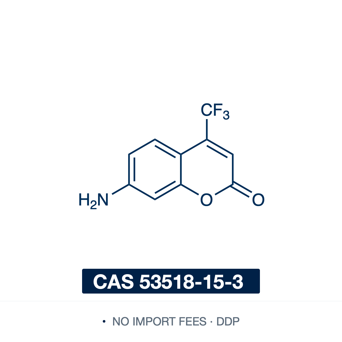 Chemical structure of Coumarin 151 (7-amino-4-(trifluoromethyl)coumarin; AFC), CAS 53518-15-3, ≥99% — donor-acceptor 7-aminocoumarin (C10H6F3NO2) with a free 7-amino donor and a 4-trifluoromethyl acceptor. A standard fluorogenic protease reporter: acylating the 7-amino group quenches its fluorescence, and cleavage of a peptide-AFC substrate (e.g. Ac-DEVD-AFC for caspases) releases fluorescent AFC. Its 4-CF3 red-shifts emission relative to 4-methyl AMC; also a laser dye. Supplied by NorrChemica with DDP