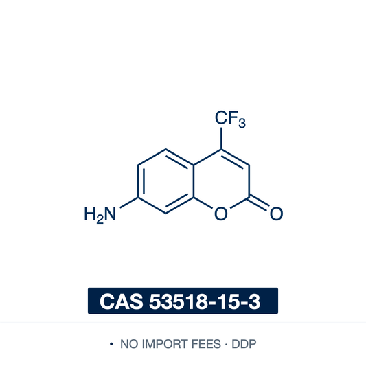 Chemical structure of Coumarin 151 (7-amino-4-(trifluoromethyl)coumarin; AFC), CAS 53518-15-3, ≥99% — donor-acceptor 7-aminocoumarin (C10H6F3NO2) with a free 7-amino donor and a 4-trifluoromethyl acceptor. A standard fluorogenic protease reporter: acylating the 7-amino group quenches its fluorescence, and cleavage of a peptide-AFC substrate (e.g. Ac-DEVD-AFC for caspases) releases fluorescent AFC. Its 4-CF3 red-shifts emission relative to 4-methyl AMC; also a laser dye. Supplied by NorrChemica with DDP