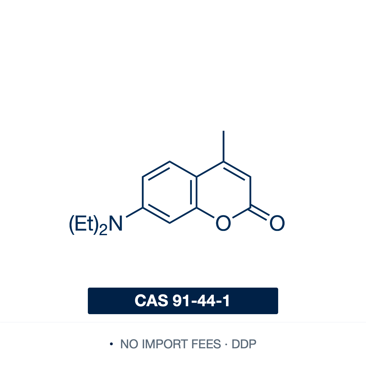 Chemical structure of Coumarin 1 (7-Diethylamino-4-methylcoumarin), CAS 91-44-1, ≥98% — blue-emitting laser dye and fluorescent probe widely used in dye lasers, fluorescence microscopy, and as a tunable emitter in OLED and photonics research. Supplied by NorrChemica with DDP shipping. CoA and SDS provided.