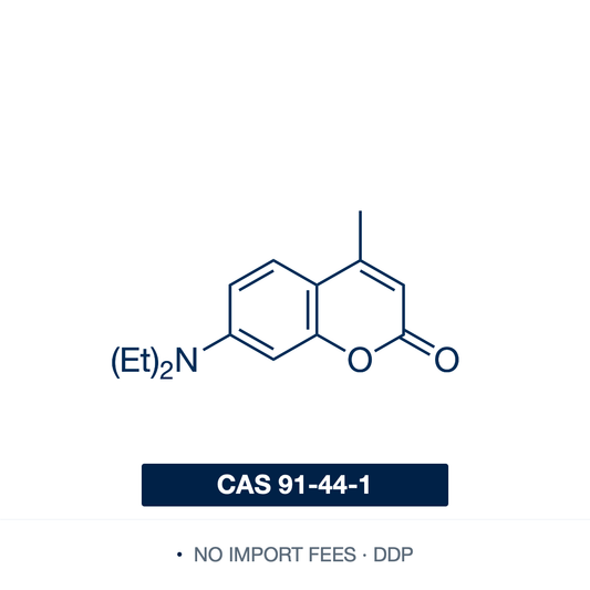 Chemical structure of Coumarin 1 (7-Diethylamino-4-methylcoumarin), CAS 91-44-1, ≥98% — blue-emitting laser dye and fluorescent probe widely used in dye lasers, fluorescence microscopy, and as a tunable emitter in OLED and photonics research. Supplied by NorrChemica with DDP shipping. CoA and SDS provided.