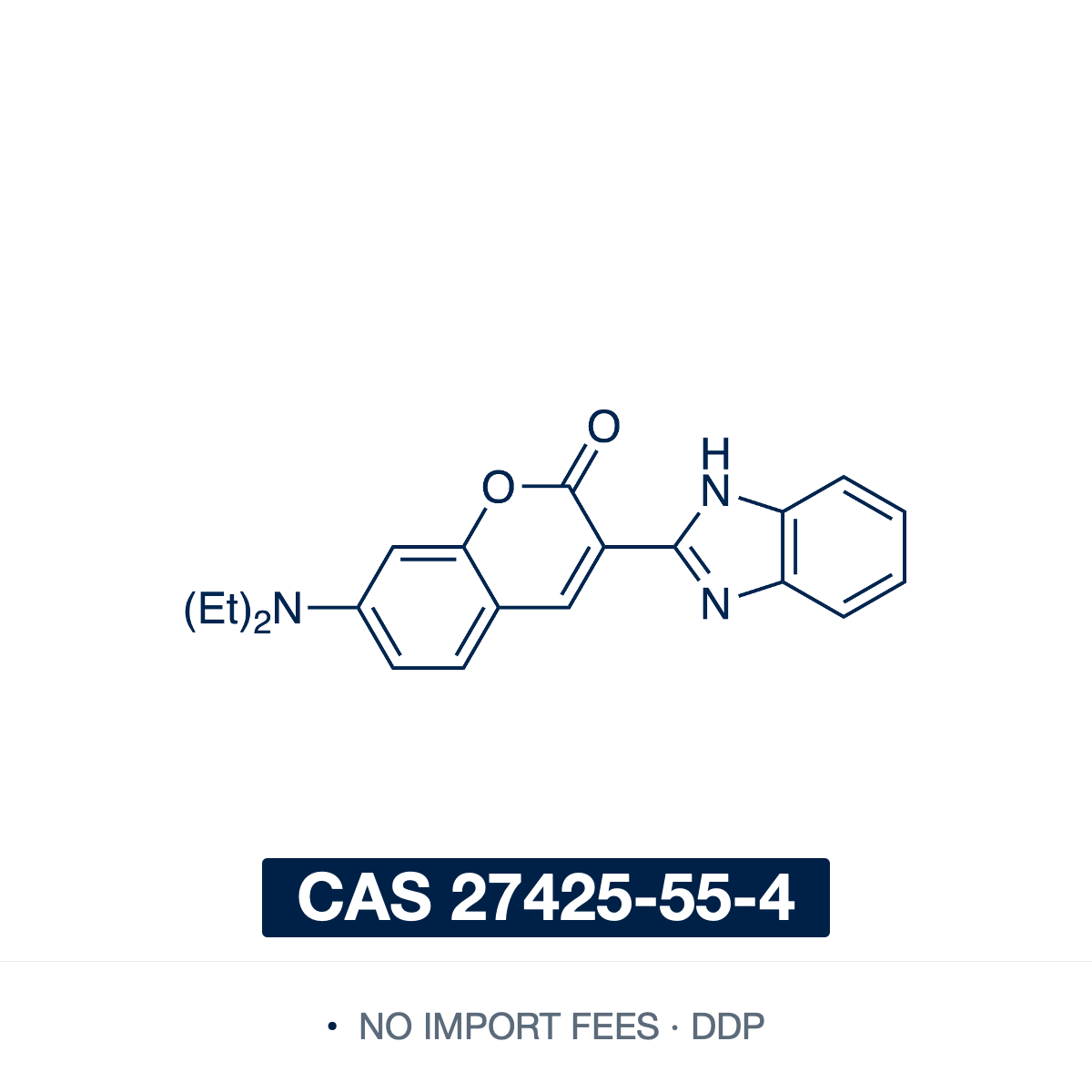 Chemical structure of Coumarin 7, CAS 27425-55-4, ≥98% — 3-(1H-benzimidazol-2-yl)-7-(diethylamino)-2H-chromen-2-one, a green-emitting aminocoumarin laser dye and intramolecular charge-transfer fluorophore used as a fluorescence quantum-yield reference and OLED dopant in photophysics and bioimaging. Supplied by NorrChemica with DDP shipping. CoA and SDS provided.