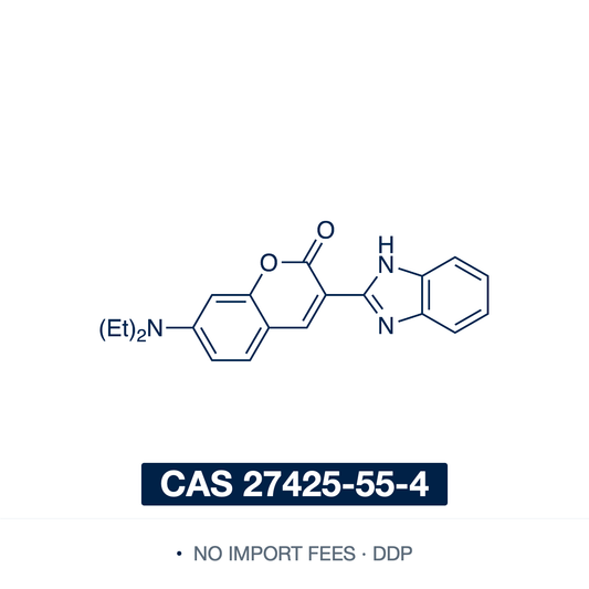 Chemical structure of Coumarin 7, CAS 27425-55-4, ≥98% — 3-(1H-benzimidazol-2-yl)-7-(diethylamino)-2H-chromen-2-one, a green-emitting aminocoumarin laser dye and intramolecular charge-transfer fluorophore used as a fluorescence quantum-yield reference and OLED dopant in photophysics and bioimaging. Supplied by NorrChemica with DDP shipping. CoA and SDS provided.