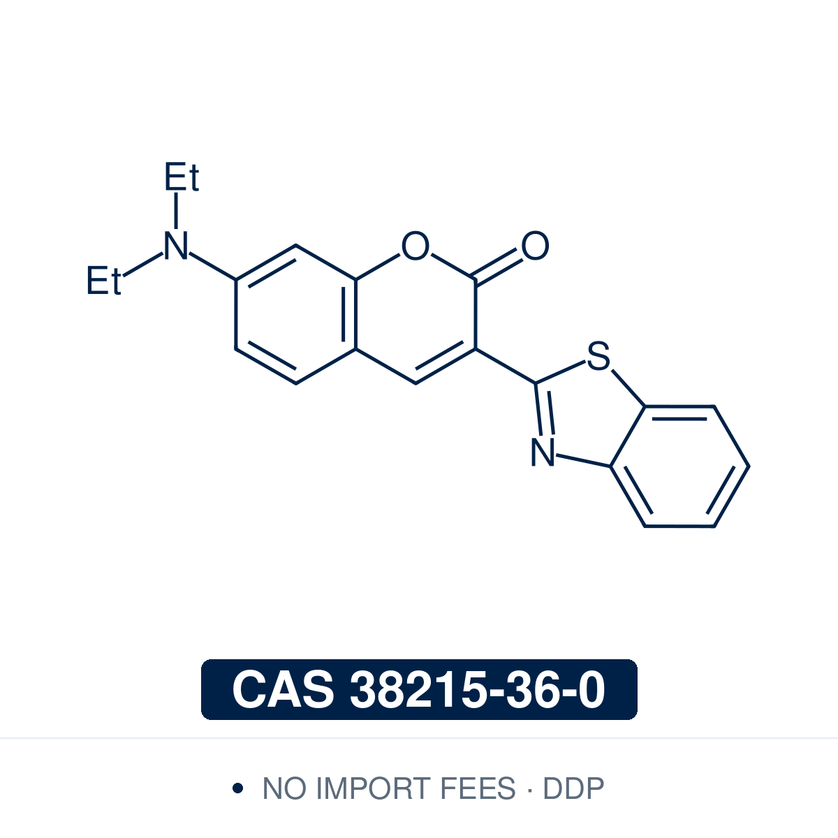 Chemical structure of Coumarin 6 (Coumarin 540; 3-(2-benzothiazolyl)-7-(diethylamino)coumarin), CAS 38215-36-0, 98%— green-emitting fluorescent coumarin dye of the 7-diethylaminocoumarin series (C20H18N2O2S). Used as a blue-green laser dye, a fluorescent probe for cell imaging and flow cytometry, a fluorescent label for tracking polymeric nanoparticles and micelles in drug-delivery studies, and a green emitter/dopant in OLEDs. Supplied by NorrChemica with DDP shipping. CoA and SDS provided.

