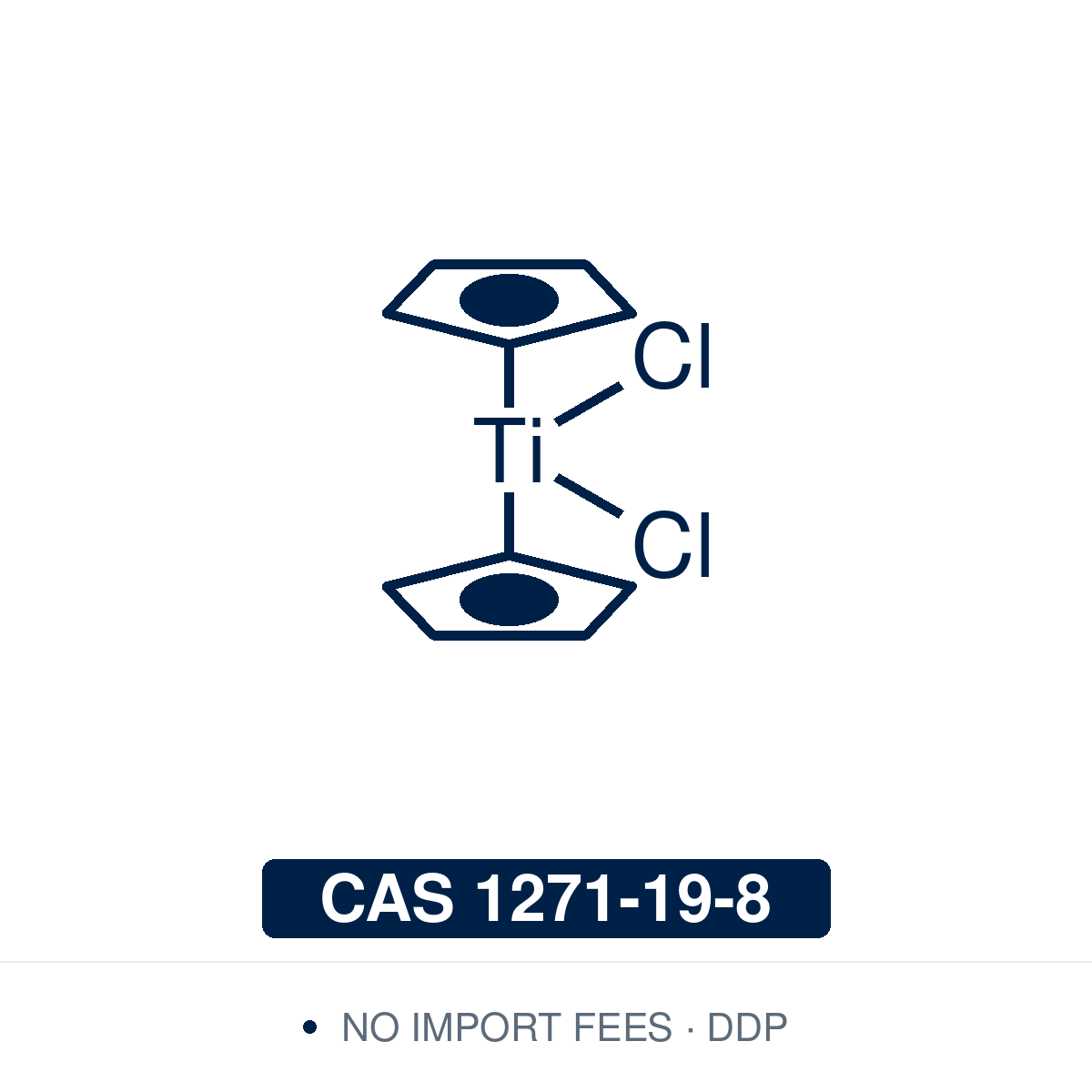 Chemical structure of titanocene dichloride (Cp2TiCl2, bis(cyclopentadienyl)titanium(IV) dichloride), CAS 1271-19-8, ≥98% — bent group 4 metallocene whose two cyclopentadienyl ligands leave the chloride sites open, and which zinc or manganese reduces in situ to the Ti(III) species that does the chemistry. Used for radical epoxide opening, epoxy-ene cyclisation and pinacol coupling, as the Tebbe and Petasis reagent precursor, and as a Ziegler-Natta polymerisation catalyst. Supplied by NorrChemica