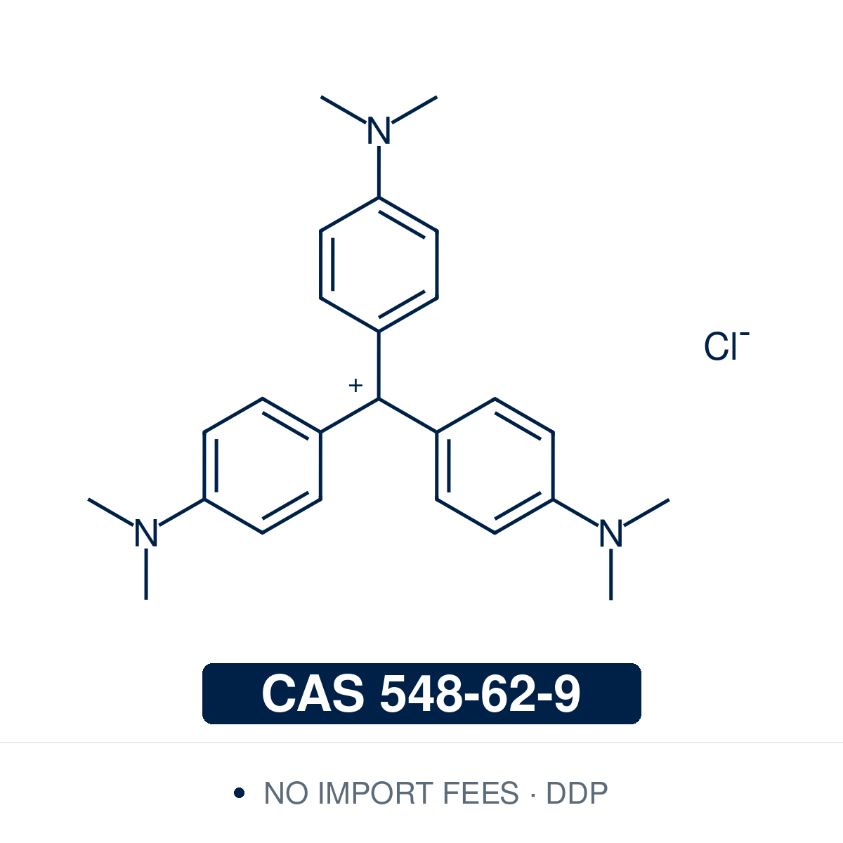 Chemical structure of Crystal Violet (Basic Violet 3; C.I. 42555; gentian violet), CAS 548-62-9, dye content ≥90% — violet cationic triphenylmethane dye (the hexamethyl derivative of pararosaniline), drawn as the cation with its chloride counterion (C25H30ClN3, the form supplied). Used as the primary stain in Gram staining of bacteria, a histological and cell-viability/biomass stain, a pH indicator, and a topical antibacterial/antifungal. Supplied by NorrChemica with DDP shipping. CoA and SDS provided.