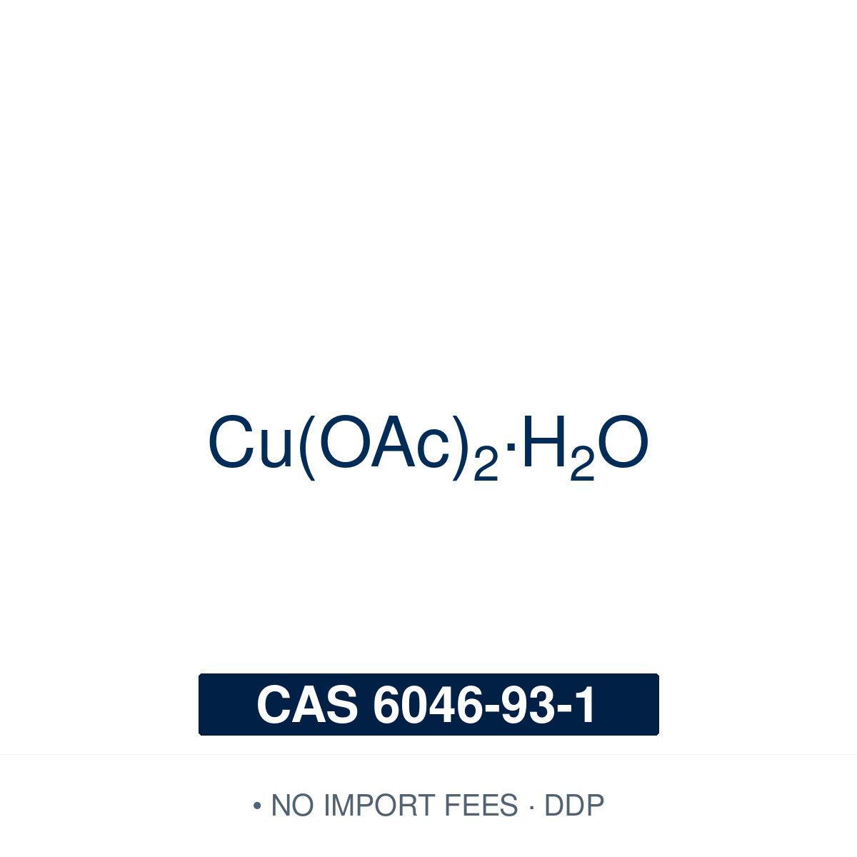 Chemical structure of Copper(II) Acetate Monohydrate (Cu(OAc)₂·H₂O), CAS 6046-93-1, ≥98% — blue-green copper carboxylate used stoichiometrically as the oxidant and copper source in Chan–Lam C–N and C–O coupling of boronic acids with amines and phenols, and as a Lewis-acidic copper(II) source in oxidative and aerobic transformations. Supplied by NorrChemica with DDP shipping. CoA and SDS provided.