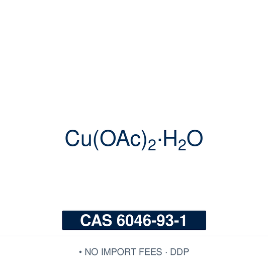 Chemical structure of Copper(II) Acetate Monohydrate (Cu(OAc)₂·H₂O), CAS 6046-93-1, ≥98% — blue-green copper carboxylate used stoichiometrically as the oxidant and copper source in Chan–Lam C–N and C–O coupling of boronic acids with amines and phenols, and as a Lewis-acidic copper(II) source in oxidative and aerobic transformations. Supplied by NorrChemica with DDP shipping. CoA and SDS provided.