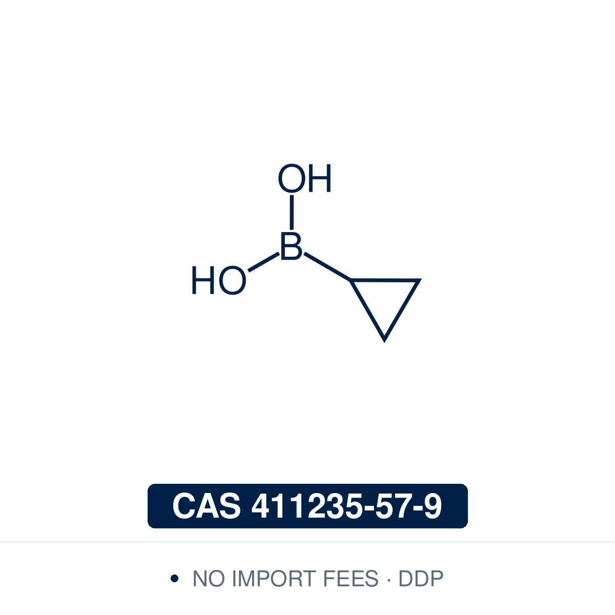 Chemical structure of Cyclopropylboronic Acid, CAS 411235-57-9, ≥96%. Supplied by NorrChemica with DDP shipping. CoA and SDS provided.