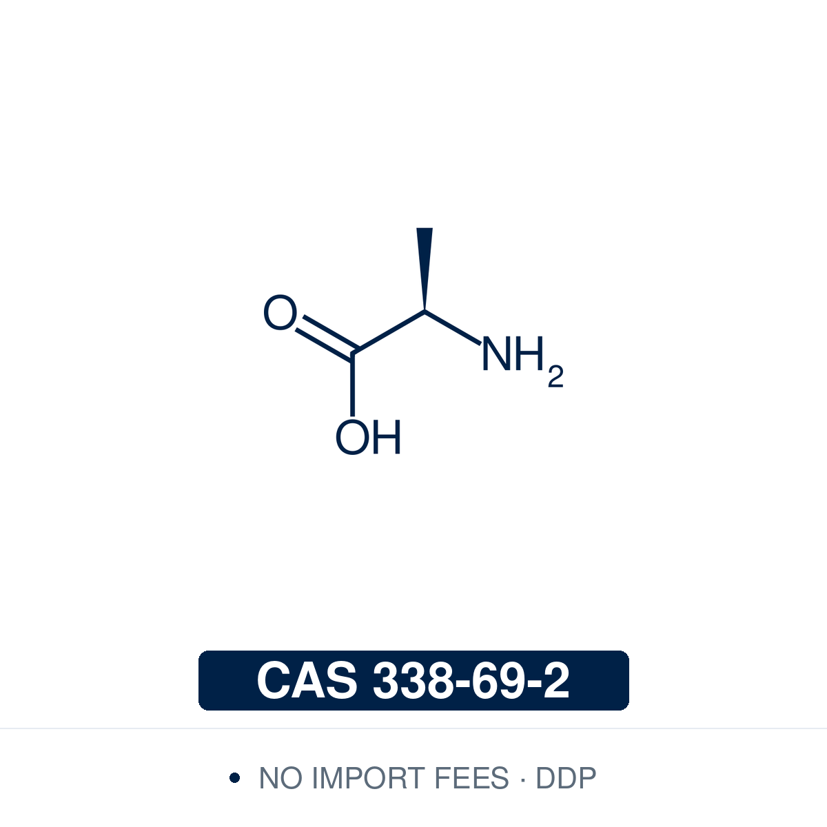Chemical structure of D-Alanine, CAS 338-69-2, ≥97% — the D (R) enantiomer of alanine, a non-proteinogenic amino acid. Used in research on bacterial cell wall (peptidoglycan) biosynthesis, as a substrate of D-amino acid oxidase, and as an amine donor in (R)-selective transaminase reactions. Supplied by NorrChemica with DDP shipping. CoA and SDS provided.