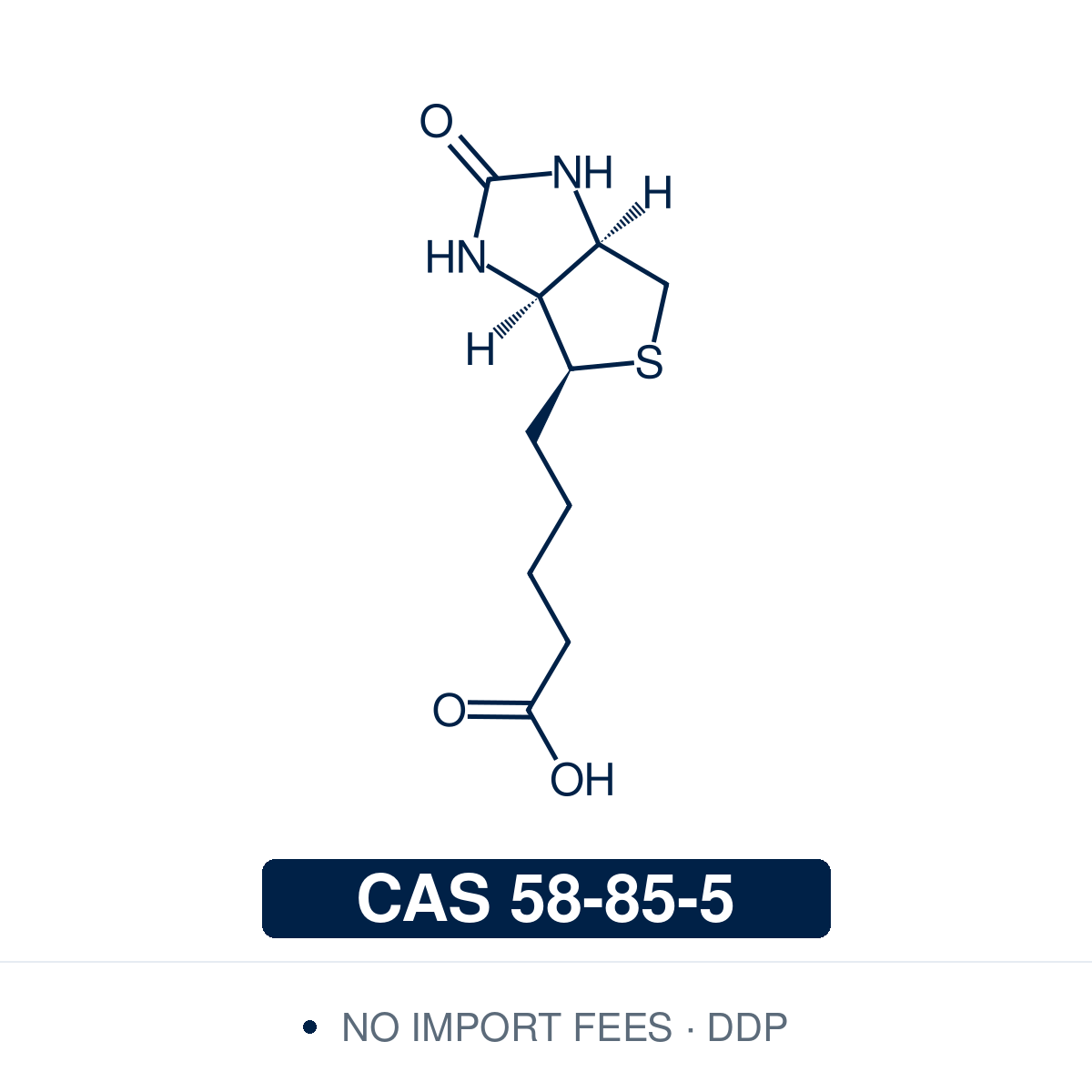 Chemical structure of D-Biotin (vitamin B7; coenzyme R), CAS 58-85-5, ≥98% — a bicyclic vitamin (C10H16N2O3S): a cyclic ureido ring fused to a tetrahydrothiophene ring, bearing a valeric acid side chain, in the single natural (3aS,4S,6aR) configuration. It is the CO2-carrying cofactor of the biotin-dependent carboxylases and the ligand in the exceptionally strong biotin-streptavidin interaction used throughout affinity purification, detection and immobilization. Supplied by NorrChemica with DDP shipping.