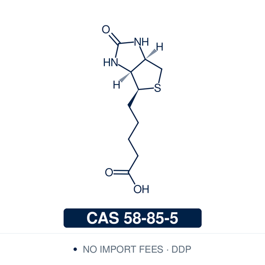 Chemical structure of D-Biotin (vitamin B7; coenzyme R), CAS 58-85-5, ≥98% — a bicyclic vitamin (C10H16N2O3S): a cyclic ureido ring fused to a tetrahydrothiophene ring, bearing a valeric acid side chain, in the single natural (3aS,4S,6aR) configuration. It is the CO2-carrying cofactor of the biotin-dependent carboxylases and the ligand in the exceptionally strong biotin-streptavidin interaction used throughout affinity purification, detection and immobilization. Supplied by NorrChemica with DDP shipping.