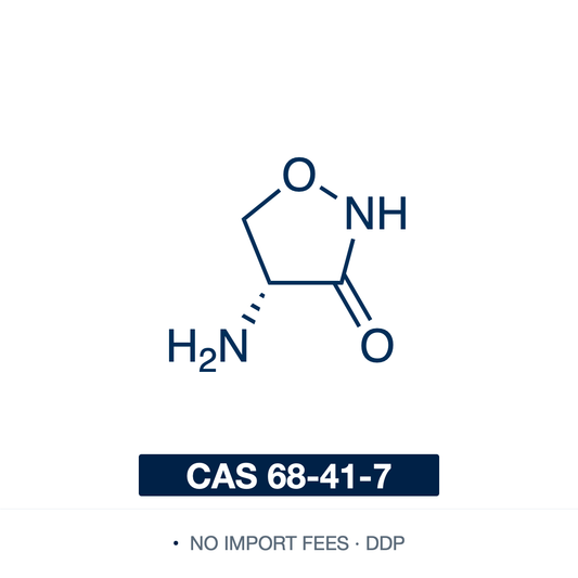 Chemical structure of D-Cycloserine ((R)-4-amino-1,2-oxazolidin-3-one), CAS 68-41-7, ≥98% — cyclic analogue of D-alanine that inhibits alanine racemase and D-alanyl-D-alanine ligase in bacterial peptidoglycan synthesis, used as the selective agent in cycloserine–cefoxitin fructose agar for isolating Clostridioides difficile and as an NMDA-receptor glycine-site partial agonist in neuroscience research. Supplied by NorrChemica with DDP shipping. CoA and SDS provided.
