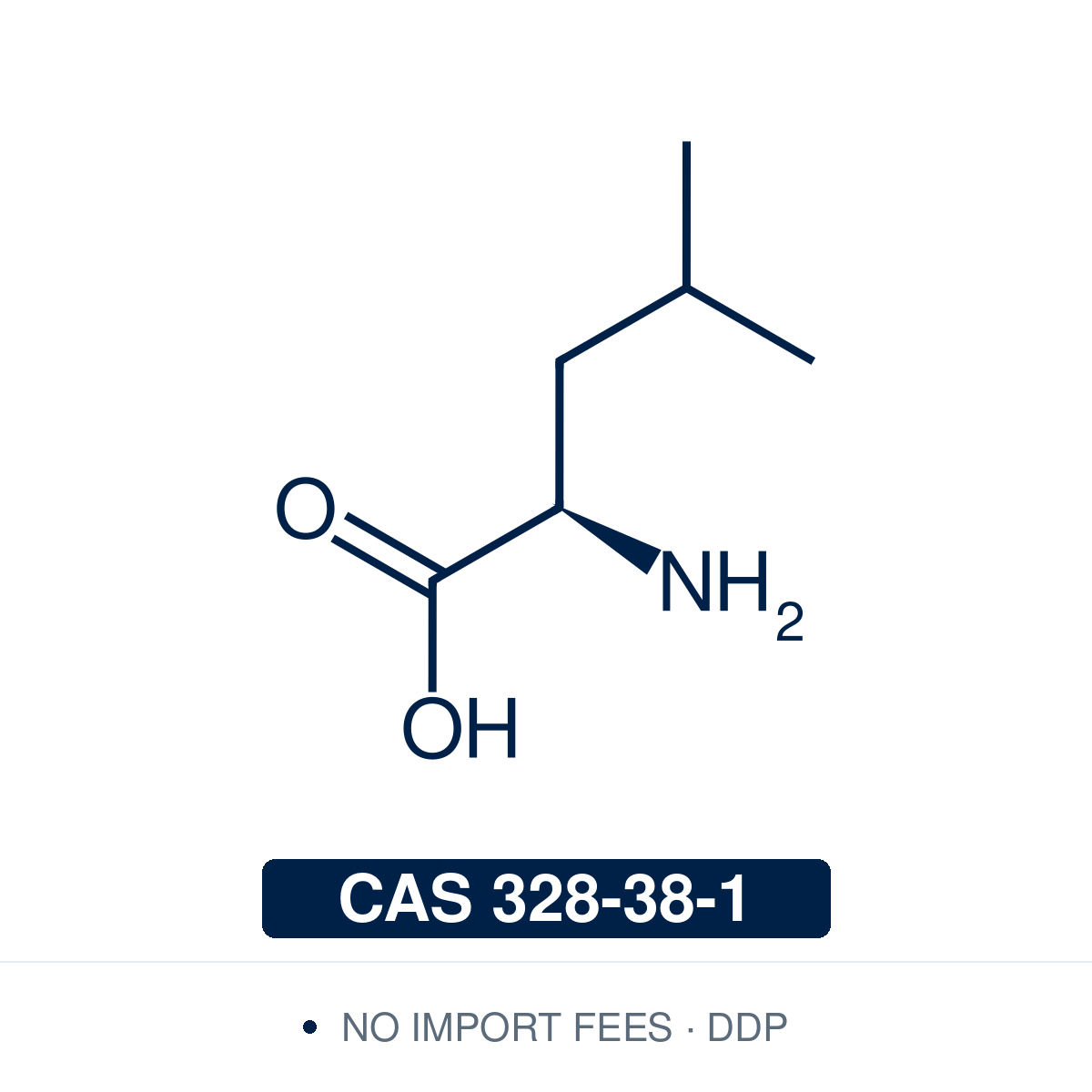 Chemical structure of D-Leucine, CAS 328-38-1, ≥98% — D-amino acid used as a chiral building block in peptide synthesis and as a stereochemical probe in metabolic and microbiological research. Supplied by NorrChemica with DDP shipping. CoA and SDS provided.