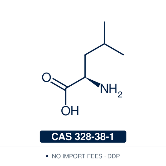 Chemical structure of D-Leucine, CAS 328-38-1, ≥98% — D-amino acid used as a chiral building block in peptide synthesis and as a stereochemical probe in metabolic and microbiological research. Supplied by NorrChemica with DDP shipping. CoA and SDS provided.