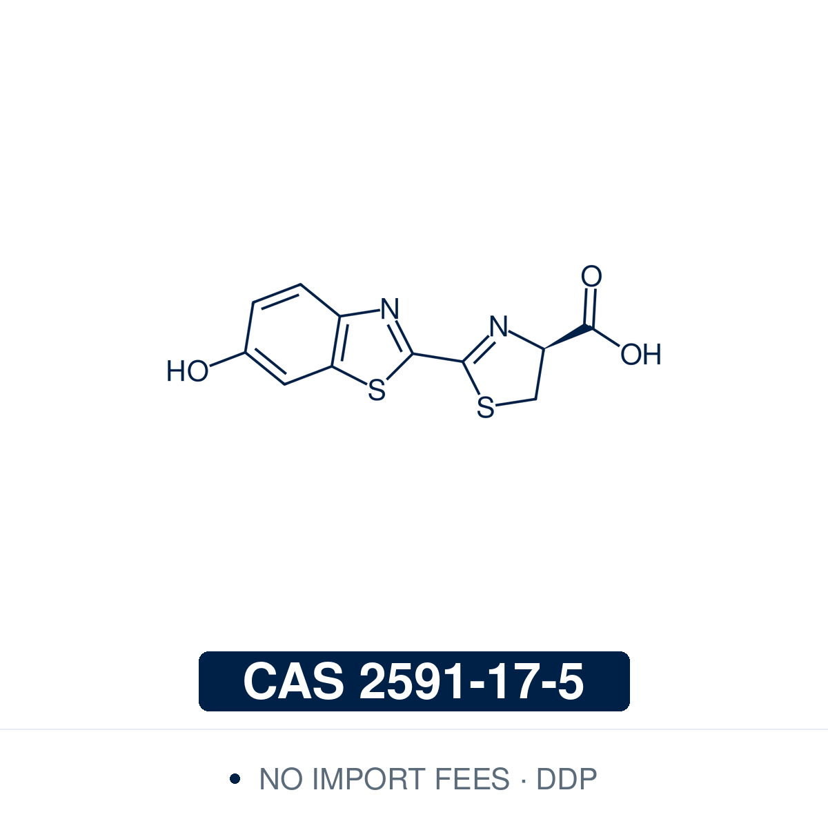 Chemical structure of D-Luciferin, CAS 2591-17-5, ≥98% — the substrate of firefly luciferase, which oxidises it in an ATP-dependent reaction to oxyluciferin with emission of light. Used in luciferase reporter gene assays and in bioluminescence imaging of luciferase activity in mice. Supplied by NorrChemica with DDP shipping. CoA and SDS provided.