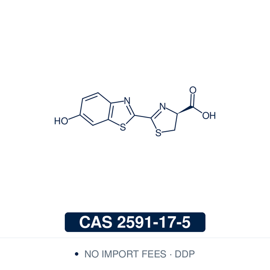 Chemical structure of D-Luciferin, CAS 2591-17-5, ≥98% — the substrate of firefly luciferase, which oxidises it in an ATP-dependent reaction to oxyluciferin with emission of light. Used in luciferase reporter gene assays and in bioluminescence imaging of luciferase activity in mice. Supplied by NorrChemica with DDP shipping. CoA and SDS provided.