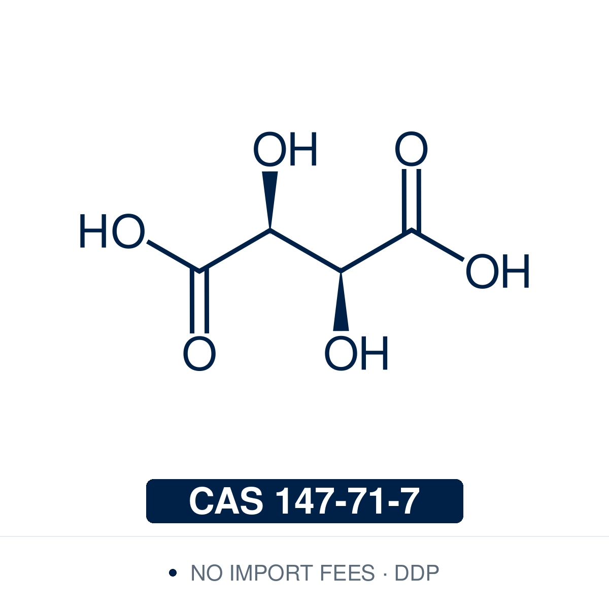 Chemical structure of D-Tartaric Acid, CAS 147-71-7, ≥99.0% — (2S,3S)-(−)-tartaric acid, an enantiopure chiral-pool building block and resolving agent for asymmetric synthesis, optical resolution of racemic amines, and preparation of chiral tartrate ligands and catalysts. Supplied by NorrChemica with DDP shipping. CoA and SDS provided.