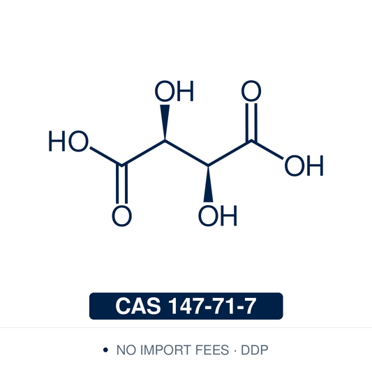 Chemical structure of D-Tartaric Acid, CAS 147-71-7, ≥99.0% — (2S,3S)-(−)-tartaric acid, an enantiopure chiral-pool building block and resolving agent for asymmetric synthesis, optical resolution of racemic amines, and preparation of chiral tartrate ligands and catalysts. Supplied by NorrChemica with DDP shipping. CoA and SDS provided.