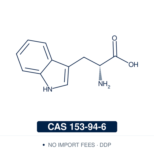 Chemical structure of D-Tryptophan, CAS 153-94-6, ≥98.0% — unnatural D-enantiomer amino acid building block for chiral synthesis and D-peptide chemistry. Supplied by NorrChemica with DDP shipping. CoA and SDS provided.