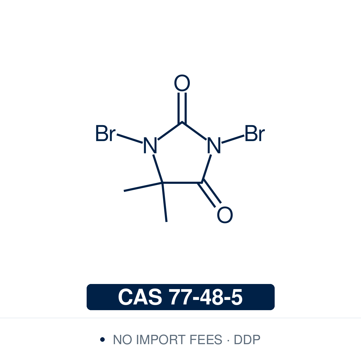 Chemical structure of 1,3-dibromo-5,5-dimethylhydantoin (DBDMH, dibromantin), CAS 77-48-5, ≥97% — solid brominating agent (C5H6Br2N2O2) carrying a bromine on each hydantoin nitrogen, so one molecule delivers two Br+ where NBS delivers one. Used for benzylic and allylic bromination, alpha-bromination of ketones, ortho-bromination of phenols, and as an inexpensive thioglycoside activator. Supplied by NorrChemica with DDP shipping to EU and UK. CoA and SDS provided.