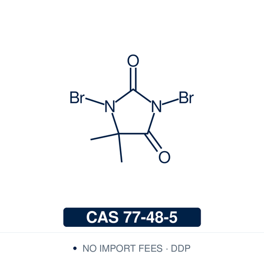 Chemical structure of 1,3-dibromo-5,5-dimethylhydantoin (DBDMH, dibromantin), CAS 77-48-5, ≥97% — solid brominating agent (C5H6Br2N2O2) carrying a bromine on each hydantoin nitrogen, so one molecule delivers two Br+ where NBS delivers one. Used for benzylic and allylic bromination, alpha-bromination of ketones, ortho-bromination of phenols, and as an inexpensive thioglycoside activator. Supplied by NorrChemica with DDP shipping to EU and UK. CoA and SDS provided.