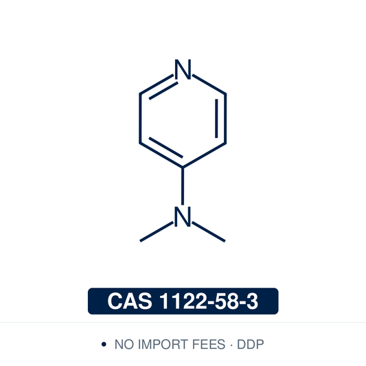 Chemical structure of DMAP, CAS 1122-58-3, ≥99% — 4-(dimethylamino)pyridine, a highly active nucleophilic acyl-transfer catalyst for Steglich esterification, amidation, acylation and silylation, and for the Baylis–Hillman and Dakin–West reactions. Supplied by NorrChemica with DDP shipping. CoA and SDS provided.