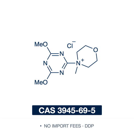 Chemical structure of DMTMM chloride (4-(4,6-dimethoxy-1,3,5-triazin-2-yl)-4-methylmorpholinium chloride), CAS 3945-69-5, ≥95% — the Kunishima triazine condensing reagent (C10H17ClN4O3). Unusually among coupling reagents it stays active in water and alcohols, condensing carboxylic acids with amines to amides and with alcohols to esters in one step, without added base, for peptide synthesis and aqueous bioconjugation of polysaccharides and proteins. Supplied by NorrChemica with DDP shipping. CoA and SDS