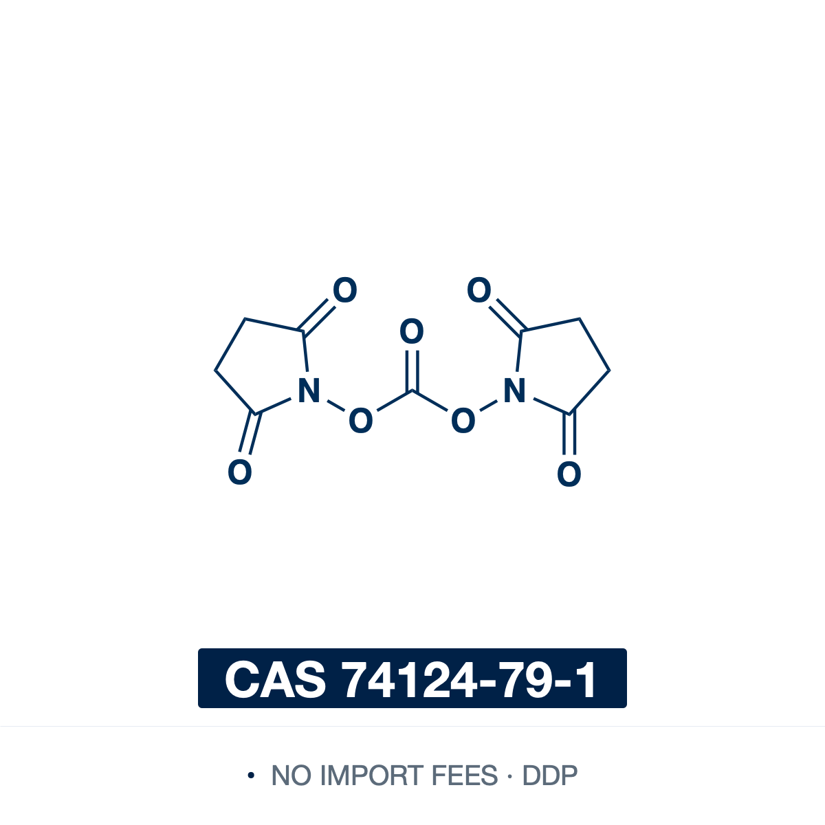 Chemical structure of N,N'-Disuccinimidyl carbonate (DSC), CAS 74124-79-1, ≥95% — a carbonyl bridging two N-hydroxysuccinimide (NHS) leaving groups (C9H8N2O7), a mild crystalline phosgene surrogate. Its succinimidyl groups convert carboxylic acids into N-succinimidyl (NHS) esters and activate alcohols as NHS carbonates, which react with amines to form amides and carbamates. Widely used for peptide coupling, immobilization on solid supports and bioconjugation. Supplied by NorrChemica with DDP shipping.