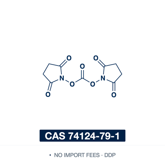 Chemical structure of N,N'-Disuccinimidyl carbonate (DSC), CAS 74124-79-1, ≥95% — a carbonyl bridging two N-hydroxysuccinimide (NHS) leaving groups (C9H8N2O7), a mild crystalline phosgene surrogate. Its succinimidyl groups convert carboxylic acids into N-succinimidyl (NHS) esters and activate alcohols as NHS carbonates, which react with amines to form amides and carbamates. Widely used for peptide coupling, immobilization on solid supports and bioconjugation. Supplied by NorrChemica with DDP shipping.