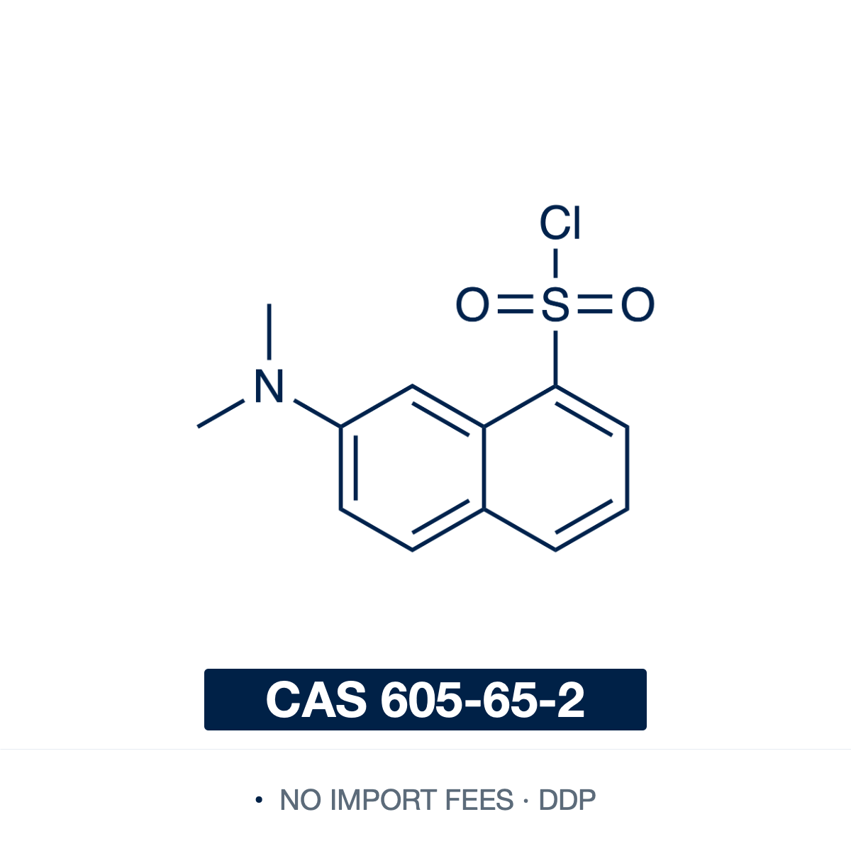Chemical structure of Dansyl Chloride (5-(dimethylamino)naphthalene-1-sulfonyl chloride), CAS 605-65-2, ≥99% — fluorogenic amine-labeling reagent (C12H12ClNO2S): a dimethylaminonaphthalene with a reactive sulfonyl chloride, the chlorine a covalent leaving group, not a counterion. Non-fluorescent until the –SO2Cl reacts with amines to give stable fluorescent sulfonamide adducts; used to label amino acids, peptides and proteins and for N-terminal sequencing. Supplied by NorrChemica with DDP shipping. CoA 