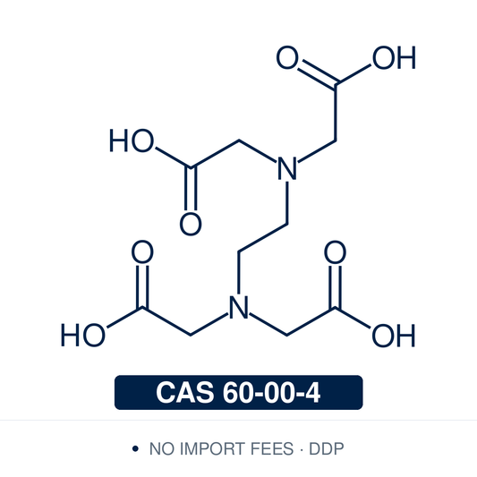 Chemical structure of EDTA, CAS 60-00-4, ≥98% — ethylenediaminetetraacetic acid, a hexadentate aminopolycarboxylic acid chelating agent that sequesters di- and trivalent metal ions, used in molecular-biology buffers, complexometric titrations, analytical chemistry, and as a metalloprotease inhibitor and preservative. Supplied by NorrChemica with DDP shipping. CoA and SDS provided.