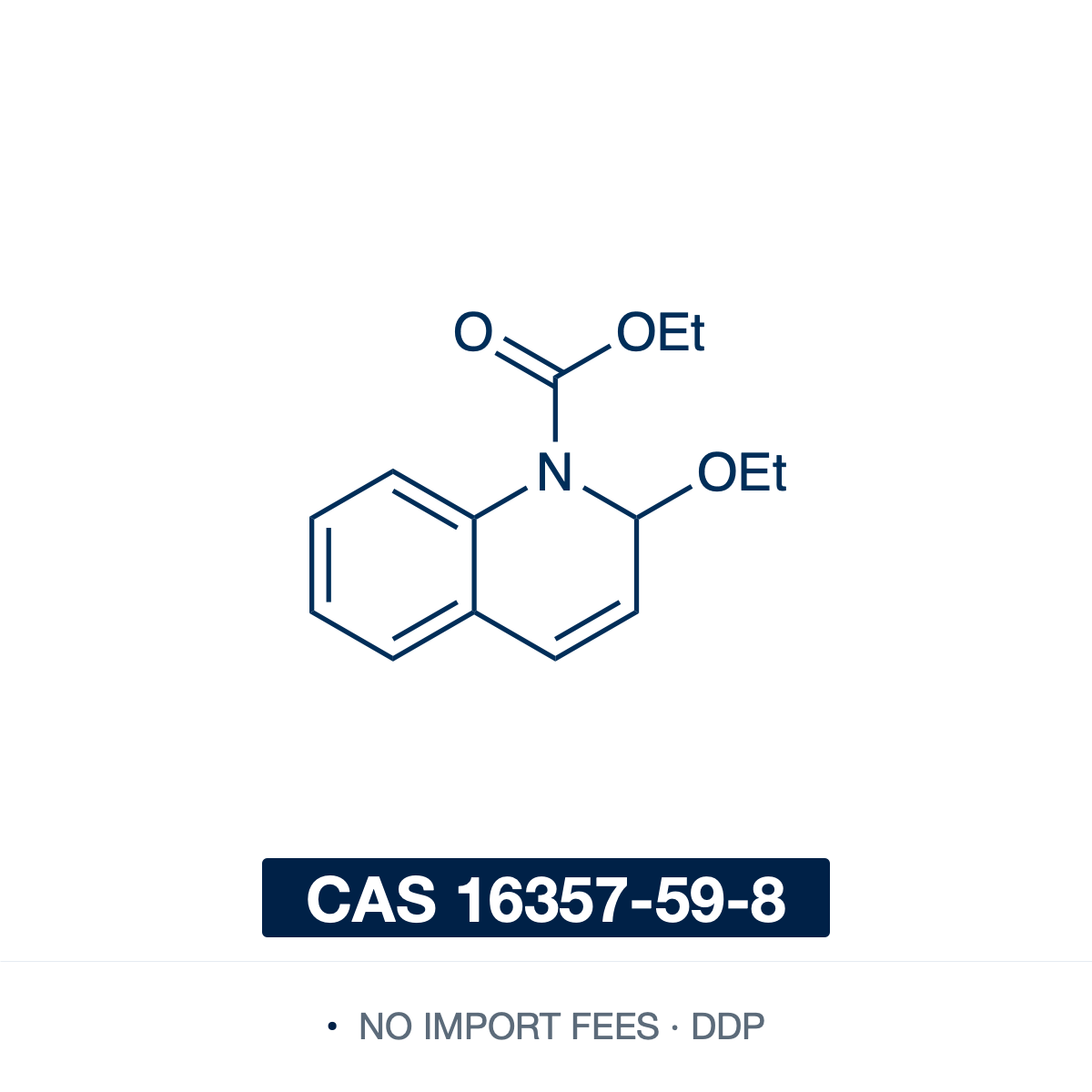 Chemical structure of EEDQ (N-ethoxycarbonyl-2-ethoxy-1,2-dihydroquinoline), CAS 16357-59-8, ≥95% — the classic Belleau amide coupling reagent (C14H17NO3), a substituted 1,2-dihydroquinoline. It reacts specifically with carboxylic acids, forming a mixed anhydride that couples acyl amino acids with amino esters to amides in high yield and without racemization, in one step for solution- or solid-phase peptide synthesis and bioconjugation. Supplied by NorrChemica with DDP shipping. CoA and SDS provided.