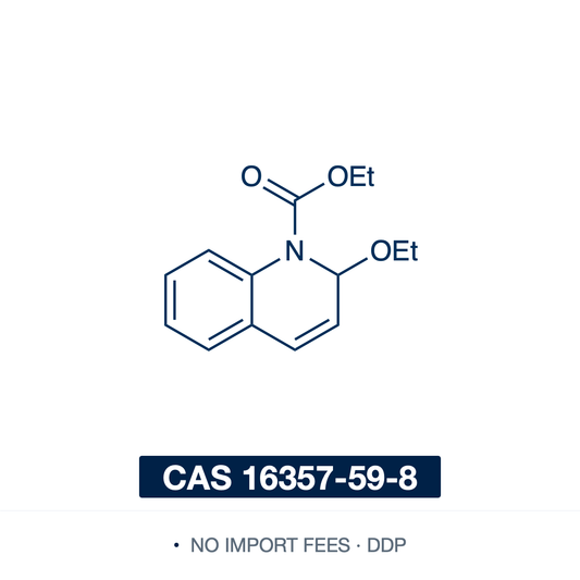 Chemical structure of EEDQ (N-ethoxycarbonyl-2-ethoxy-1,2-dihydroquinoline), CAS 16357-59-8, ≥95% — the classic Belleau amide coupling reagent (C14H17NO3), a substituted 1,2-dihydroquinoline. It reacts specifically with carboxylic acids, forming a mixed anhydride that couples acyl amino acids with amino esters to amides in high yield and without racemization, in one step for solution- or solid-phase peptide synthesis and bioconjugation. Supplied by NorrChemica with DDP shipping. CoA and SDS provided.
