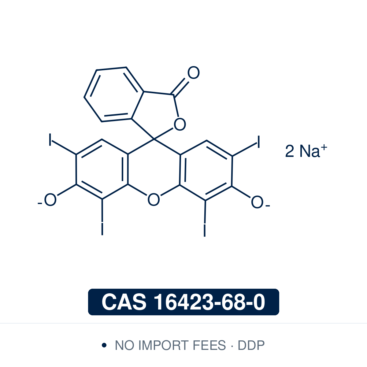 Chemical structure of Erythrosine B (disodium salt), CAS 16423-68-0, ≥90% — tetraiodinated xanthene photosensitizer (C.I. 45430 / Acid Red 51) with strong heavy-atom-driven singlet oxygen generation used as a research-grade photodynamic photosensitizer in antimicrobial photoinactivation research, dental plaque visualization in oral microbiology methodology, photodynamic antimicrobial biofilm research, and triplet state chemistry in photophysics. Supplied by NorrChemica with DDP shipping. CoA and SDS.
