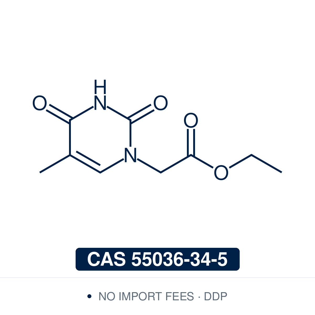 Chemical structure of Ethyl (thymin-1-yl)acetate, CAS 55036-34-5, ≥98% — N1-alkylated thymine derivative used as a nucleobase building block in oligonucleotide and PNA synthesis, and as a versatile intermediate for site-selective functionalization of the thymine scaffold. Supplied by NorrChemica with DDP shipping. CoA and SDS provided.​​​​​​​​​​​​​​​​