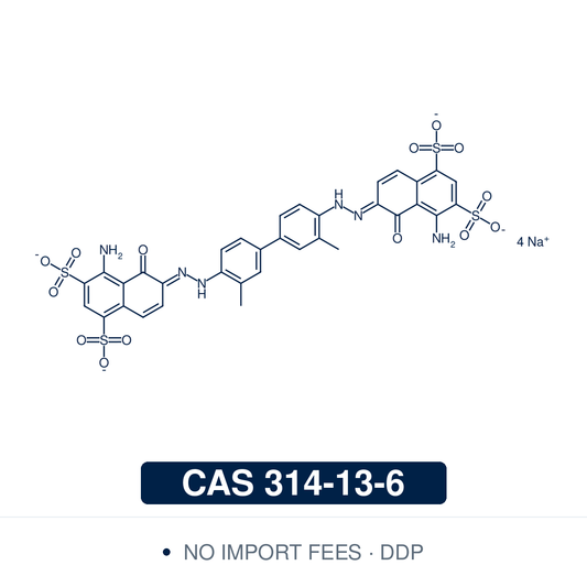 Chemical structure of Evans Blue (Direct Blue 53; C.I. 23860), CAS 314-13-6, 85%— blue bis-azo (disazo) dye, the tetrasodium salt of a bis(naphthylazo)bitolyl drawn with all four –SO3⁻ Na⁺ groups (the form supplied). A fluorescent, high-affinity serum-albumin-binding tracer used to estimate blood/plasma volume and to assess vascular permeability and blood-brain-barrier integrity via Evans Blue-albumin extravasation, and as a vital stain. Supplied by NorrChemica with DDP shipping. CoA and SDS provided.