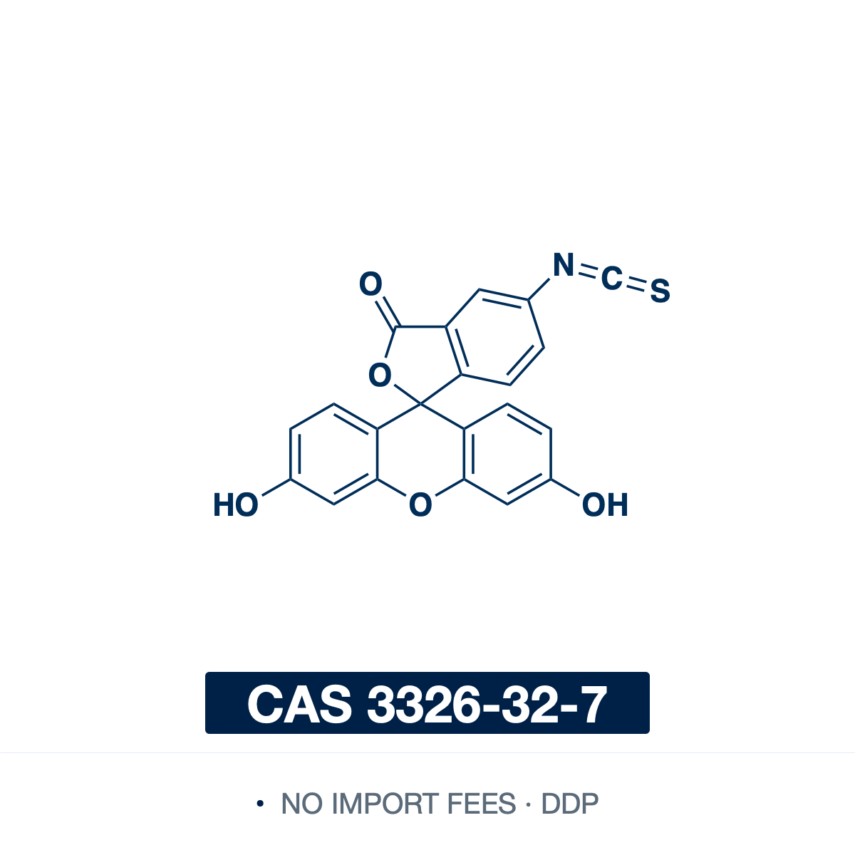 Chemical structure of Fluorescein isothiocyanate Isomer I (FITC), CAS 3326-32-7, ≥97% — the amine-reactive green fluorophore (C21H11NO5S): a fluorescein xanthene dye bearing a 5-isothiocyanate group. Its isothiocyanate reacts with primary amines on proteins and antibodies to form a stable thiourea bond. It absorbs near 495 nm and emits bright green near 520 nm in basic solution, a mainstay of immunofluorescence, flow cytometry and antibody labeling. Supplied by NorrChemica with DDP shipping. CoA and SDS