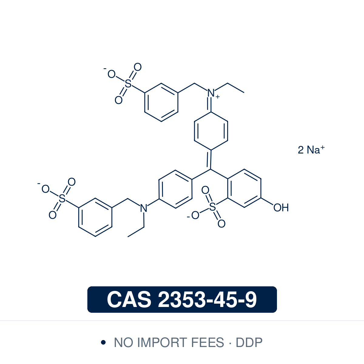 Chemical structure of Fast Green FCF (Food Green 3 / FD&C Green No. 3; C.I. 42053), CAS 2353-45-9, 95%— sea-green sulfonated triphenylmethane dye, the disodium inner salt (the form supplied; C37H34N2Na2O10S3, λmax ≈ 625 nm). Used as a protein stain in isoelectric focusing and PAGE, a quantitative histone stain at alkaline pH, and a permitted food, drug and cosmetic colorant (E143). Supplied by NorrChemica with DDP shipping. CoA and SDS provided
