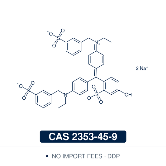 Chemical structure of Fast Green FCF (Food Green 3 / FD&C Green No. 3; C.I. 42053), CAS 2353-45-9, 95%— sea-green sulfonated triphenylmethane dye, the disodium inner salt (the form supplied; C37H34N2Na2O10S3, λmax ≈ 625 nm). Used as a protein stain in isoelectric focusing and PAGE, a quantitative histone stain at alkaline pH, and a permitted food, drug and cosmetic colorant (E143). Supplied by NorrChemica with DDP shipping. CoA and SDS provided