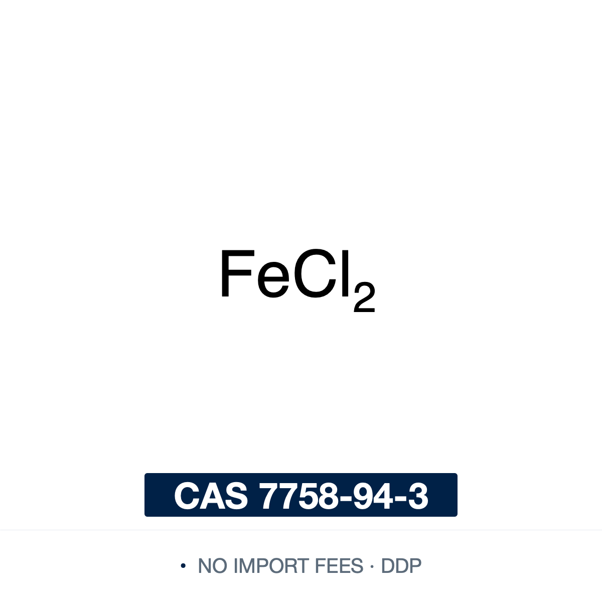 Chemical structure of Iron(II) Chloride (ferrous chloride; iron dichloride, anhydrous), CAS 7758-94-3, 99% — inorganic iron(II) salt (FeCl2), iron in the +2 oxidation state with two chlorides (Fe2+ and 2 Cl-). A versatile ferrous-ion source and precursor, used in the synthesis of iron complexes and iron-catalyzed reactions, as a precursor to magnetite (Fe3O4) nanoparticles and iron-oxide pigments, and as a coagulant and reducing agent in wastewater treatment. Supplied by NorrChemica with DDP shipping. CoA