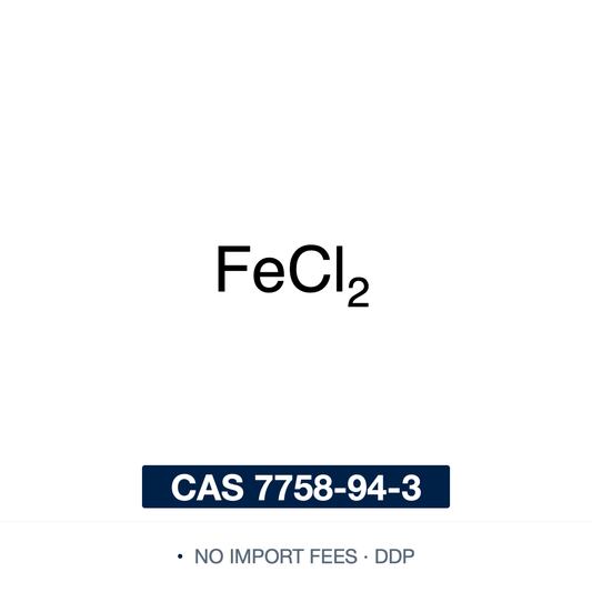 Chemical structure of Iron(II) Chloride (ferrous chloride; iron dichloride, anhydrous), CAS 7758-94-3, 99% — inorganic iron(II) salt (FeCl2), iron in the +2 oxidation state with two chlorides (Fe2+ and 2 Cl-). A versatile ferrous-ion source and precursor, used in the synthesis of iron complexes and iron-catalyzed reactions, as a precursor to magnetite (Fe3O4) nanoparticles and iron-oxide pigments, and as a coagulant and reducing agent in wastewater treatment. Supplied by NorrChemica with DDP shipping. CoA