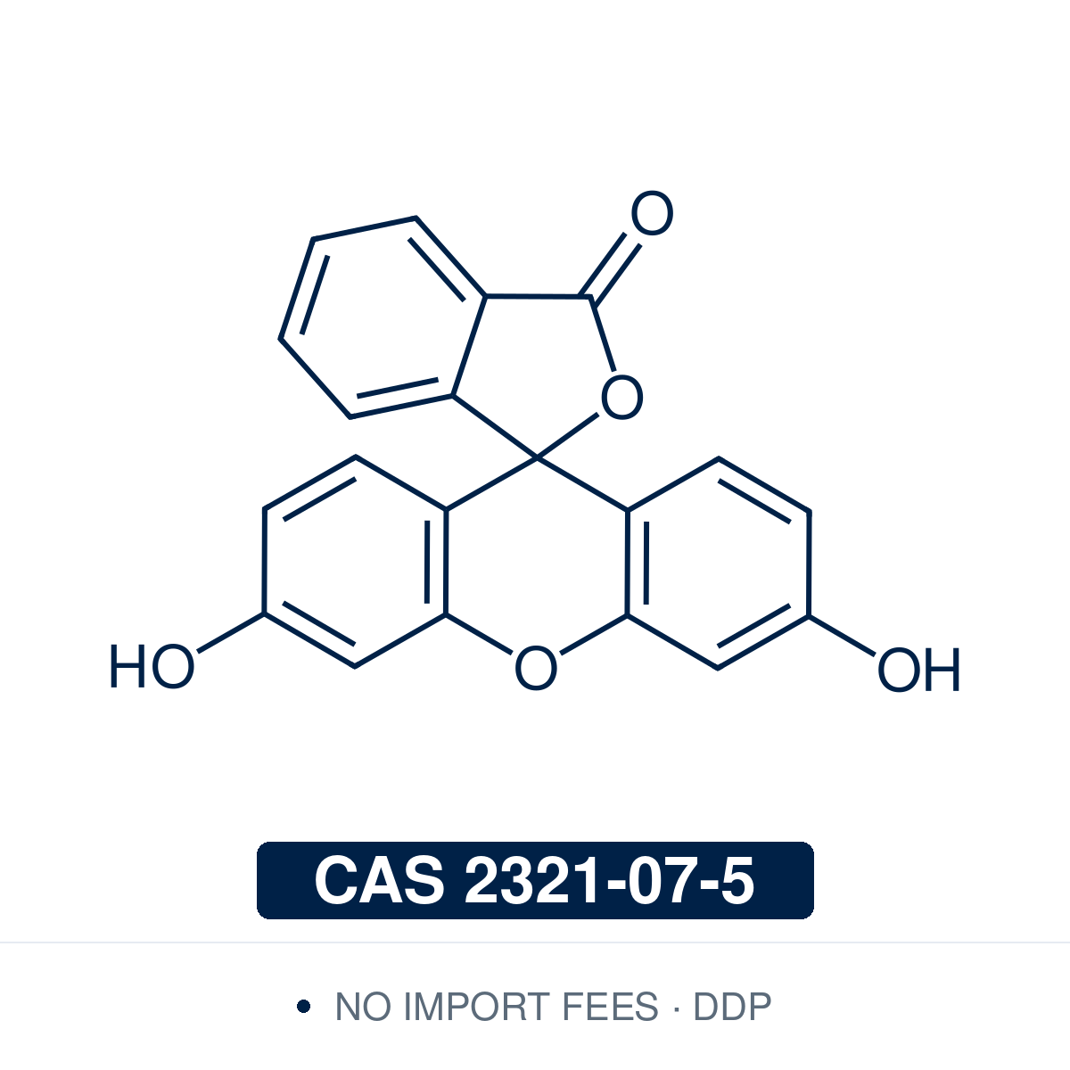Chemical structure of Fluorescein (free acid; C.I. 45350:1, Solvent Yellow 94), CAS 2321-07-5, dye content 90% — xanthene fluorophore (C20H12O5), drawn as the closed spirolactone free-acid form; its green fluorescence (ex ~494, em ~521 nm) is pH-dependent, appearing on ring-opening to the quinoid form. Used as a fluorescent tracer/stain for cells, tissues and water tracing, in microscopy, and as the parent of FITC/6-FAM labels. Supplied by NorrChemica with DDP shipping. CoA and SDS provided.