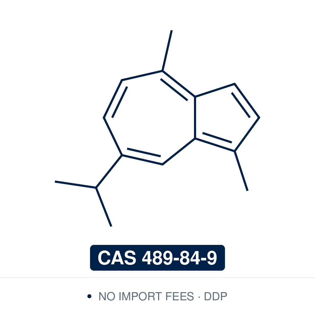 Chemical structure of Guaiazulene (1,4-dimethyl-7-isopropylazulene), CAS 489-84-9, ≥97% — deep-blue non-alternant aromatic sesquiterpene (C15H18) on the fused five- and seven-membered azulene ring system, methyls at 1 and 4, isopropyl at 7. Planar and achiral; uneven electron density gives a small S0–S1 gap and the intense blue colour. From guaiac wood and chamomile oils, lower-cost than parent azulene and the usual entry to azulene chemistry. NorrChemica, DDP. CoA and SDS provided.