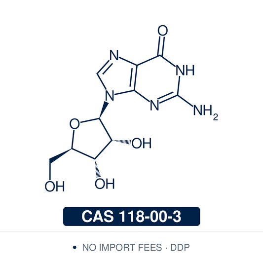 Chemical structure of Guanosine, CAS 118-00-3, ≥98.0% — purine ribonucleoside and RNA building block; guanine linked to D-ribose. Supplied by NorrChemica with DDP shipping. CoA and SDS provided.