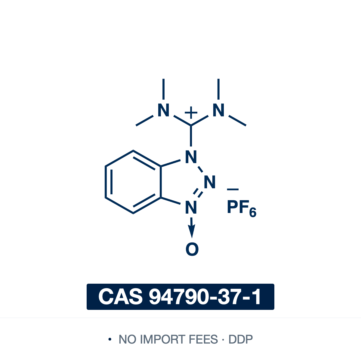 Chemical structure of HBTU, CAS 94790-37-1, ≥98% — benzotriazole-based aminium-type peptide coupling reagent with hexafluorophosphate counterion used for carboxylic acid activation and amide bond formation in solid-phase peptide synthesis (SPPS), solution-phase peptide chemistry, bioconjugation, macrocyclization, and combinatorial library synthesis. Supplied by NorrChemica with DDP shipping. CoA and SDS provided.