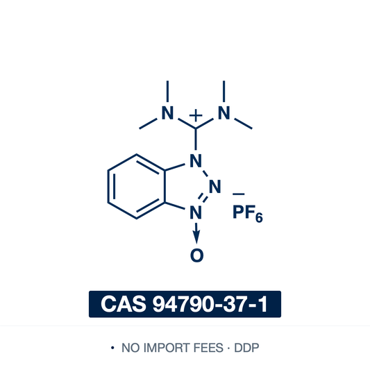 Chemical structure of HBTU, CAS 94790-37-1, ≥98% — benzotriazole-based aminium-type peptide coupling reagent with hexafluorophosphate counterion used for carboxylic acid activation and amide bond formation in solid-phase peptide synthesis (SPPS), solution-phase peptide chemistry, bioconjugation, macrocyclization, and combinatorial library synthesis. Supplied by NorrChemica with DDP shipping. CoA and SDS provided.