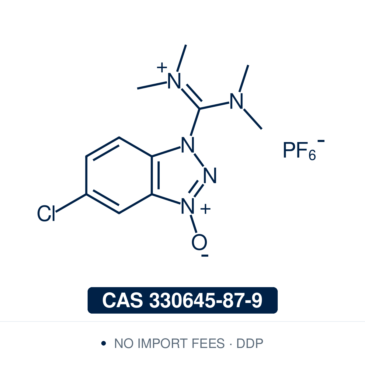 Chemical structure of HCTU, CAS 330645-87-9, ≥97% — O-(6-chloro-1H-benzotriazol-1-yl)-N,N,N',N'-tetramethyluronium hexafluorophosphate, a 6-Cl-HOBt-based uronium coupling reagent that activates carboxylic acids for fast, low-racemisation amide-bond formation in solid- and solution-phase peptide synthesis. Supplied by NorrChemica with DDP shipping. CoA and SDS provided.