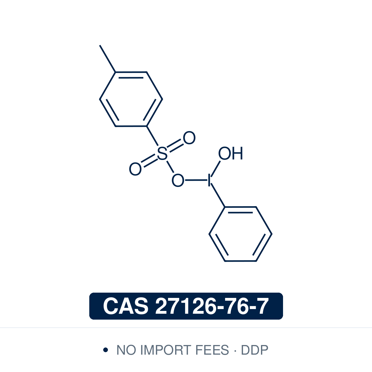 Chemical structure of Koser's reagent (HTIB, [hydroxy(tosyloxy)iodo]benzene), CAS 27126-76-7, ≥96% — hypervalent iodine(III) oxidant (C13H13IO4S) carrying a hydroxy and a tosyloxy group on the same iodine, a mixed pair that makes the reagent ionise in solution and transfer tosylate readily. Used for alpha-tosyloxylation of ketones, conversion of arylalkenes to alpha-aryl ketones, ring expansion and iodonium salt synthesis. Supplied by NorrChemica with DDP shipping. CoA and SDS provided.