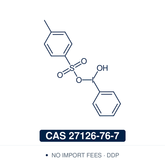 Chemical structure of Koser's reagent (HTIB, [hydroxy(tosyloxy)iodo]benzene), CAS 27126-76-7, ≥96% — hypervalent iodine(III) oxidant (C13H13IO4S) carrying a hydroxy and a tosyloxy group on the same iodine, a mixed pair that makes the reagent ionise in solution and transfer tosylate readily. Used for alpha-tosyloxylation of ketones, conversion of arylalkenes to alpha-aryl ketones, ring expansion and iodonium salt synthesis. Supplied by NorrChemica with DDP shipping. CoA and SDS provided.